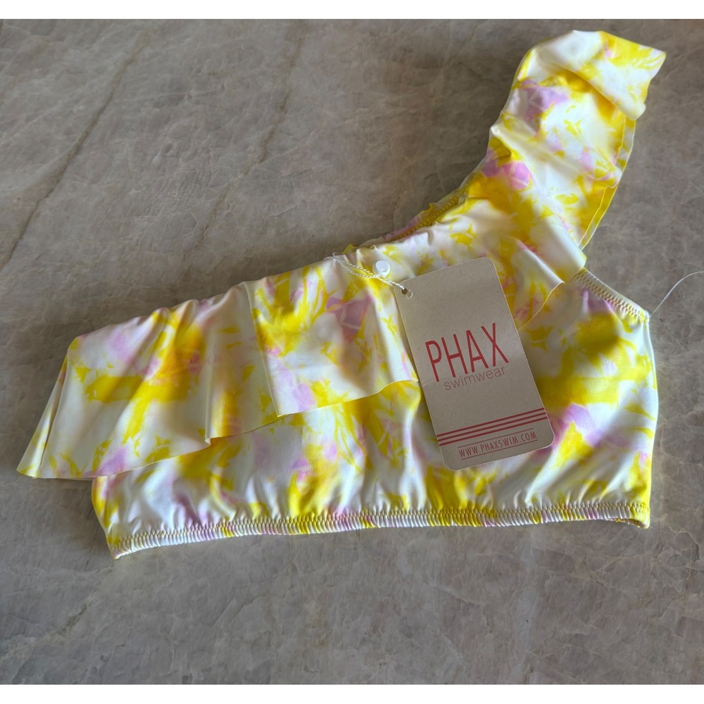 Phax Swimwear Yellow Pink Tie Dye Ruffle One Shoulder Bikini Top NWT Size M